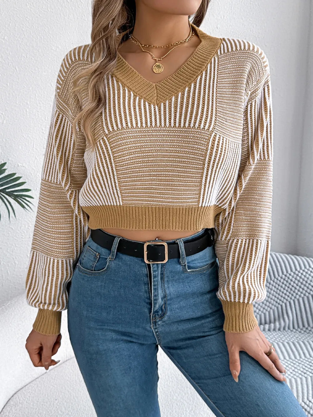 Striped V-Neck Long Sleeve Sweater - -