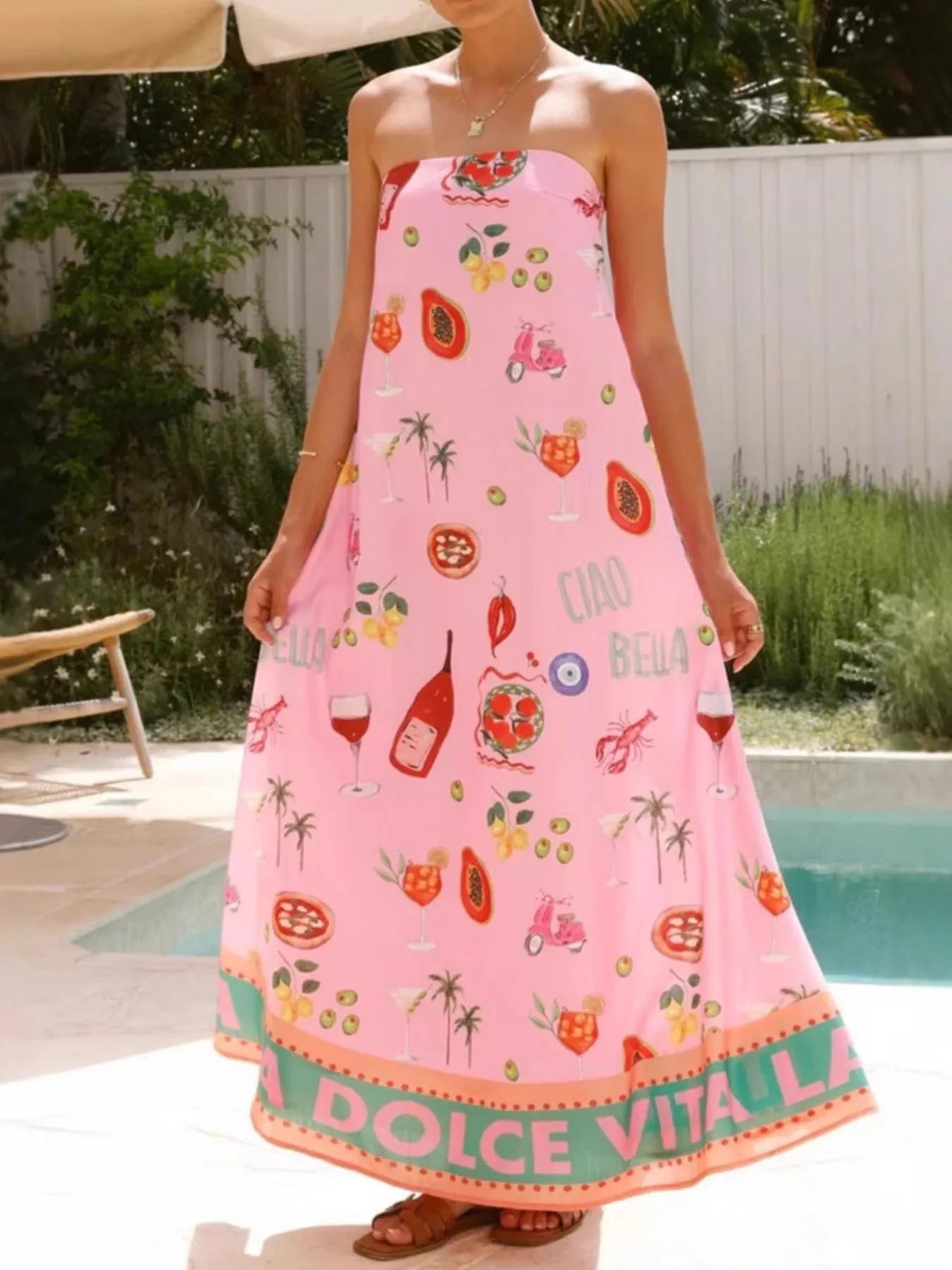 Printed Strapless Summer Maxi Dress - -
