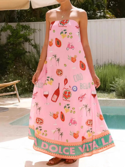 Printed Strapless Summer Maxi Dress - -