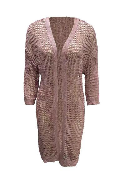 Hollow Knitted Long Cardigan Women - Lotus Root Color - 0