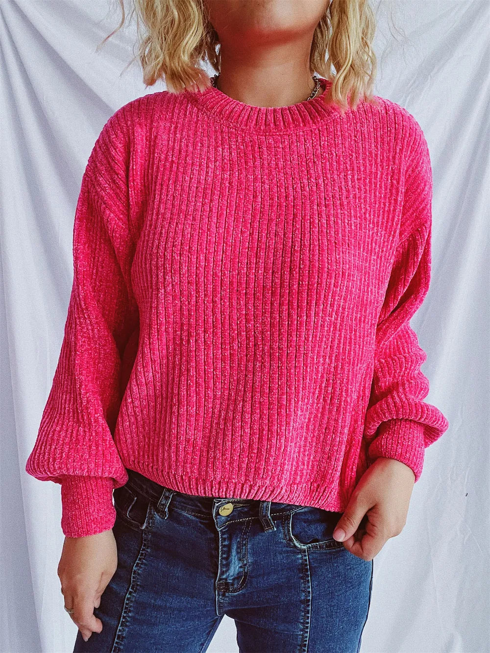 Round Neck Dropped Shoulder Long Sleeve Sweater - -