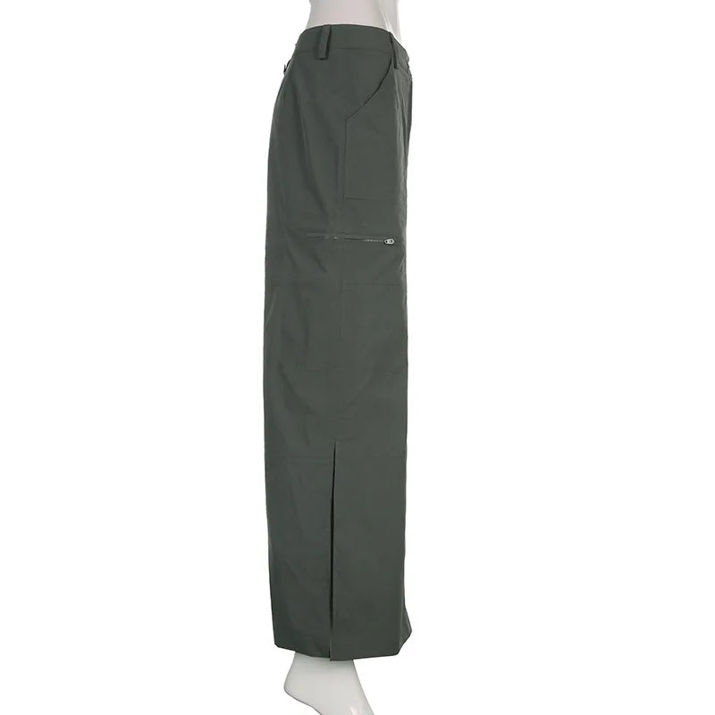 Casual Baggy Loose Cargo Skirts Big Pockets Drawstring Hem Low Waist Long Skirt