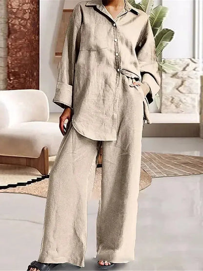 Long Sleeve Cotton Linen Shirt and Loose Pants Two Piece Set Loungewear Set light beige