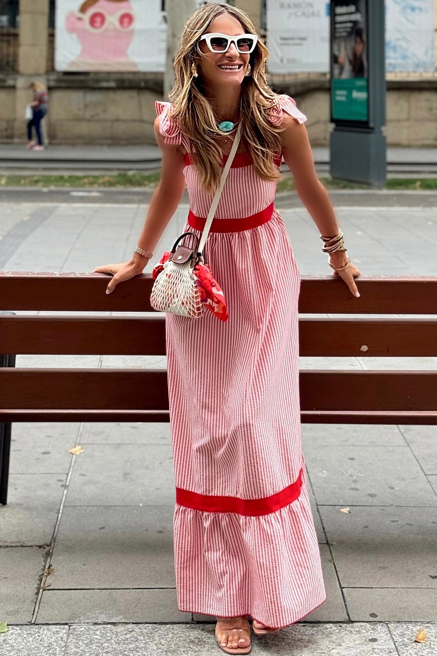 Red Stripe Bow Knot Straps Contrast Trim High Waist Ruffle Hem Maxi Dress- I am a Fashion Junky- {{Product type}}
