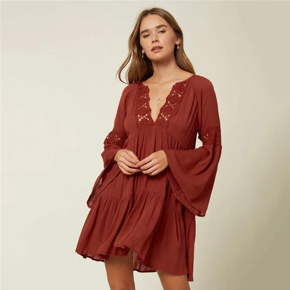 Viscose Breathable Long Sleeves v Neck Tunic Short Dress Cover Up