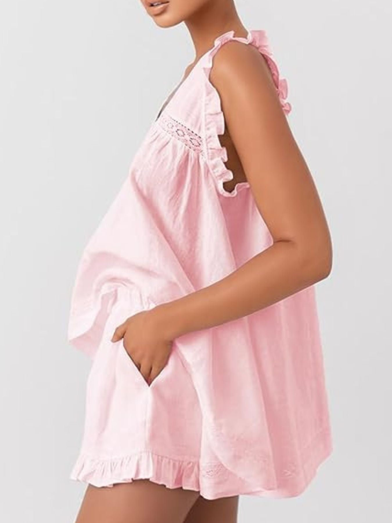 Ruffle Trim V-Neck Top and Shorts Set- Shopimist- {{Product type}}