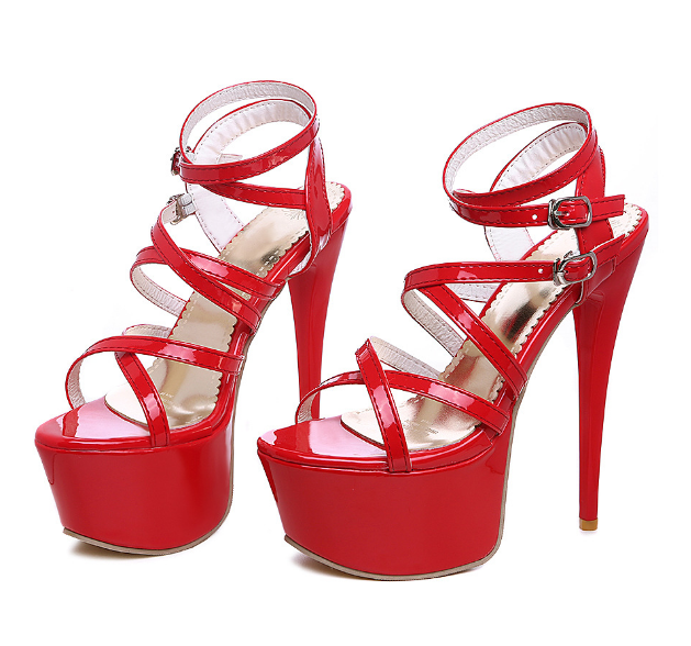 Strappy High Heels with Stiletto Design - Red 45 - heels