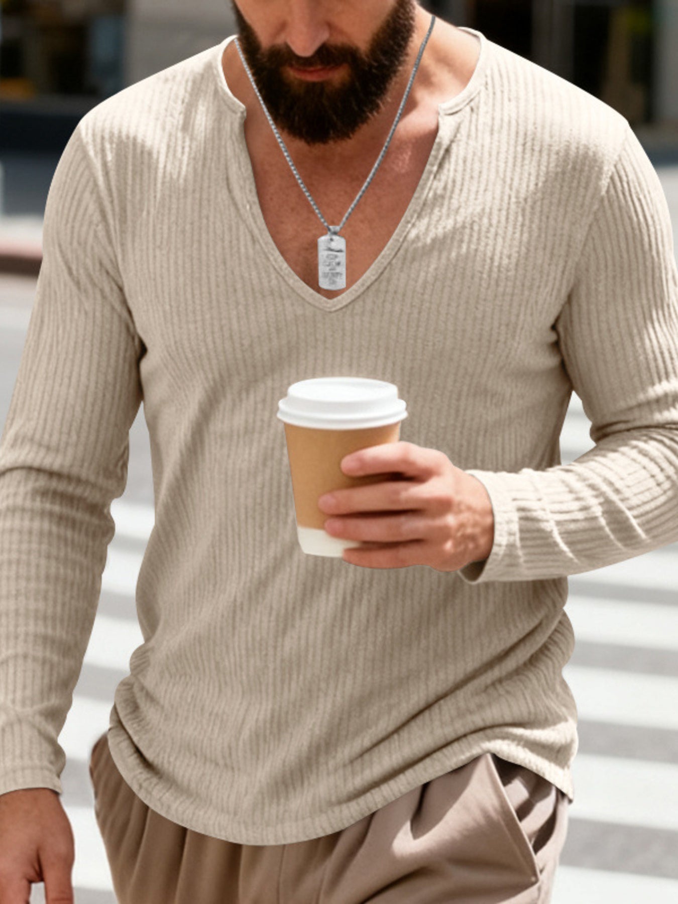 Men's Full Size Casual Ribbed Long Sleeve T-Shirt Plus Size - -