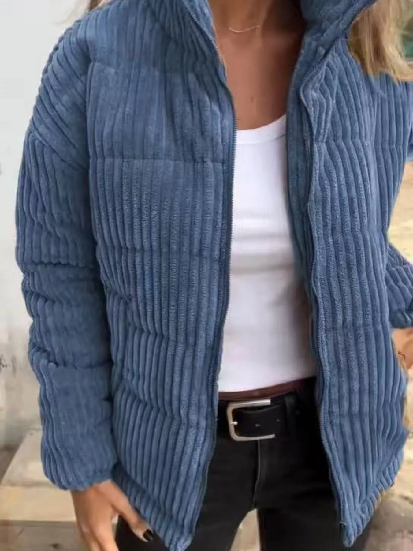 Full Size Zip Up Turtleneck Long Sleeve Winter Coat Plus Size - Blue -