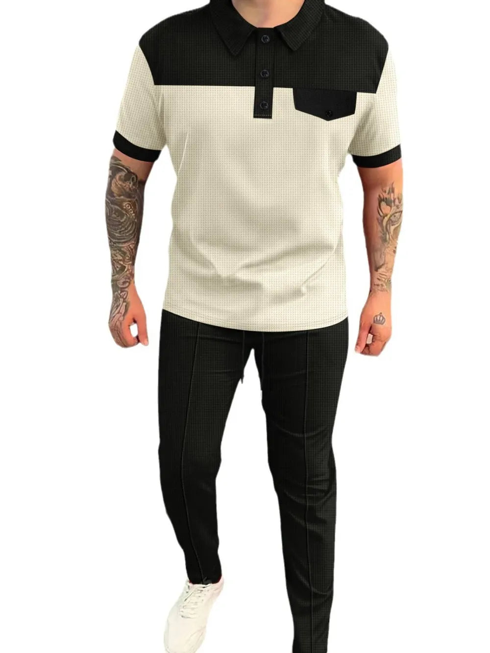 Men‘s Full Size Waffle-Knit Contrast Top and Pants Set Plus Size - -