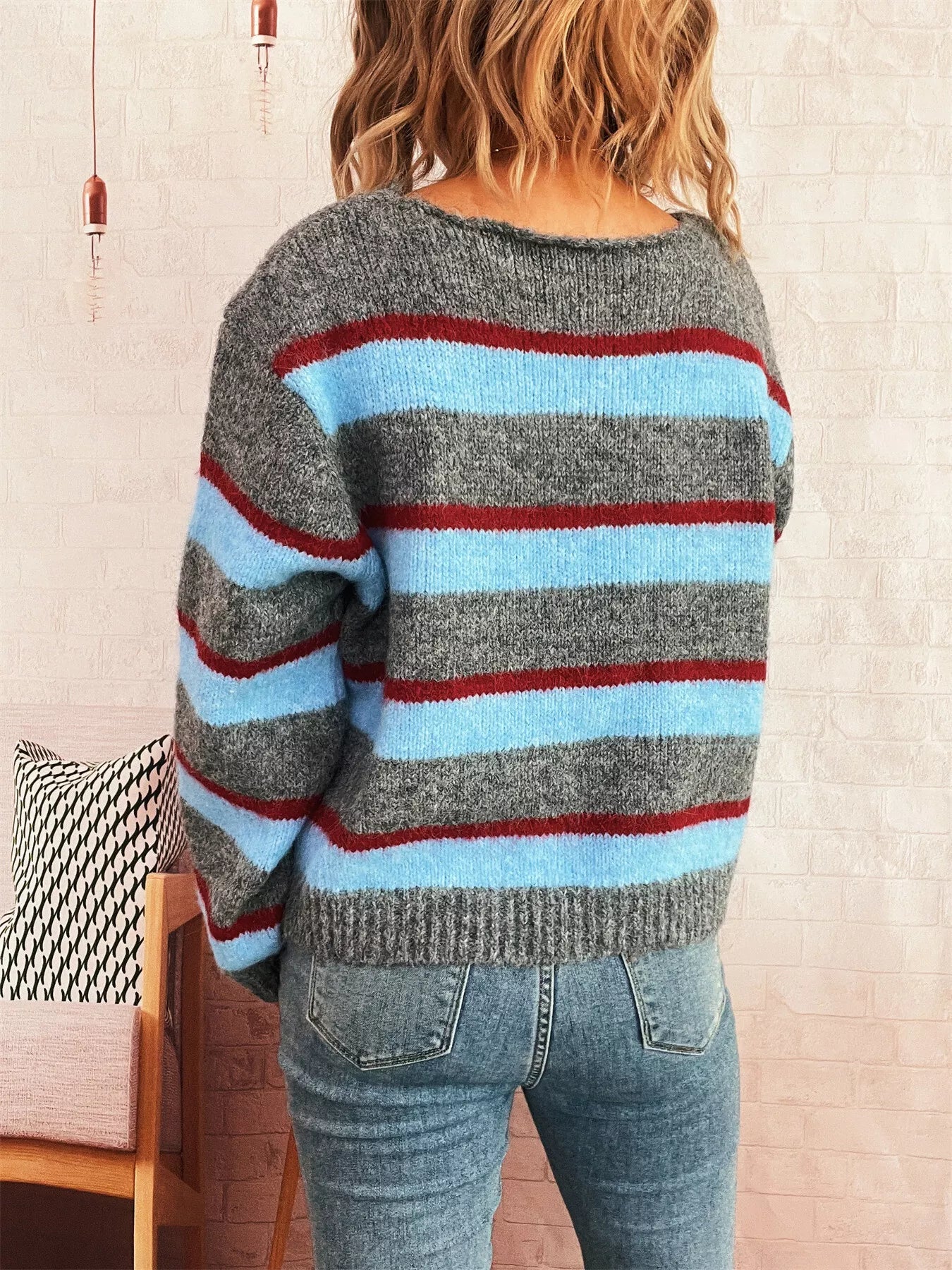 Striped Round Neck Long Sleeve Sweater - -