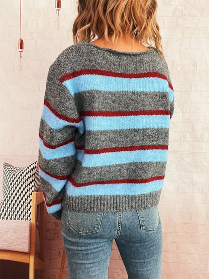 Striped Round Neck Long Sleeve Sweater - -