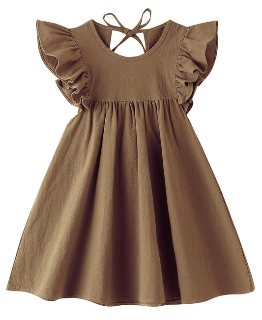 Linen Ruffle Toddler Dress - Sleeveless Tie-Up Back - Brown 5T - dress