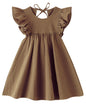 Linen Ruffle Toddler Dress - Sleeveless Tie-Up Back - Brown 5T - dress
