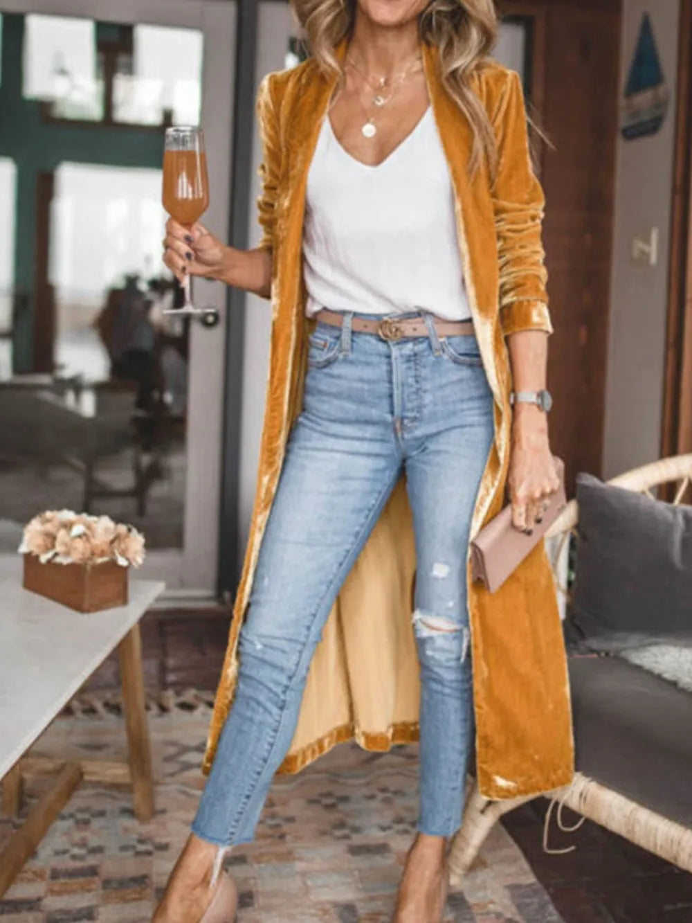 Open Front Long Sleeve Coat - Tangerine -