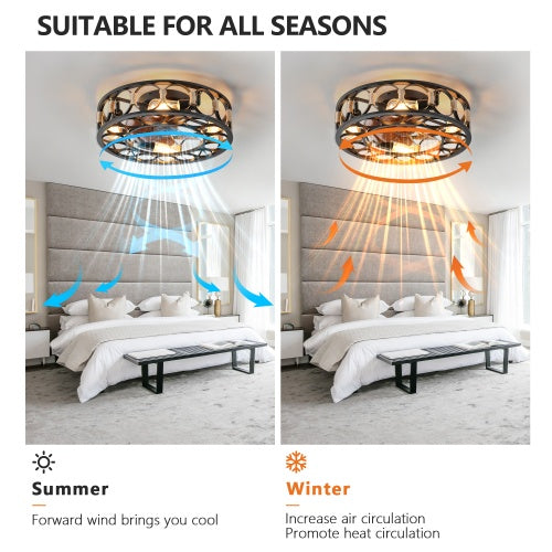 Black Cage Ceiling Fan With Light Remote Control 6 Speed - - fan