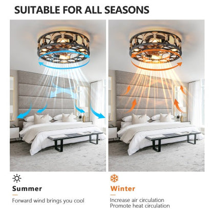 Black Cage Ceiling Fan With Light Remote Control 6 Speed - - fan