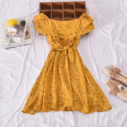 Floral Off-Shoulder Dress with Flared Hem for Women - Yellow One size - dress