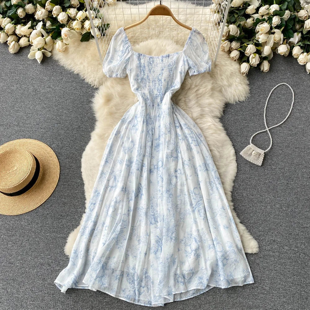 Floral Dresses Summer New Square Neck Vintage Dresses