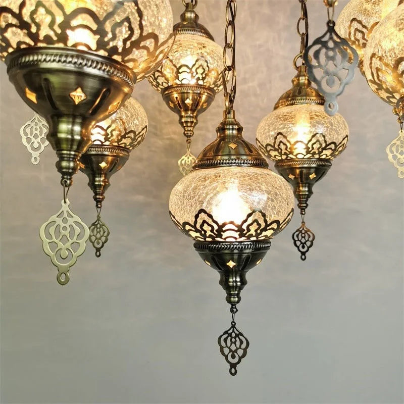 Moroccan Arabian Mosaic 9 Lights Pendant Lamp Kit Bronze Clear Crackle Glass