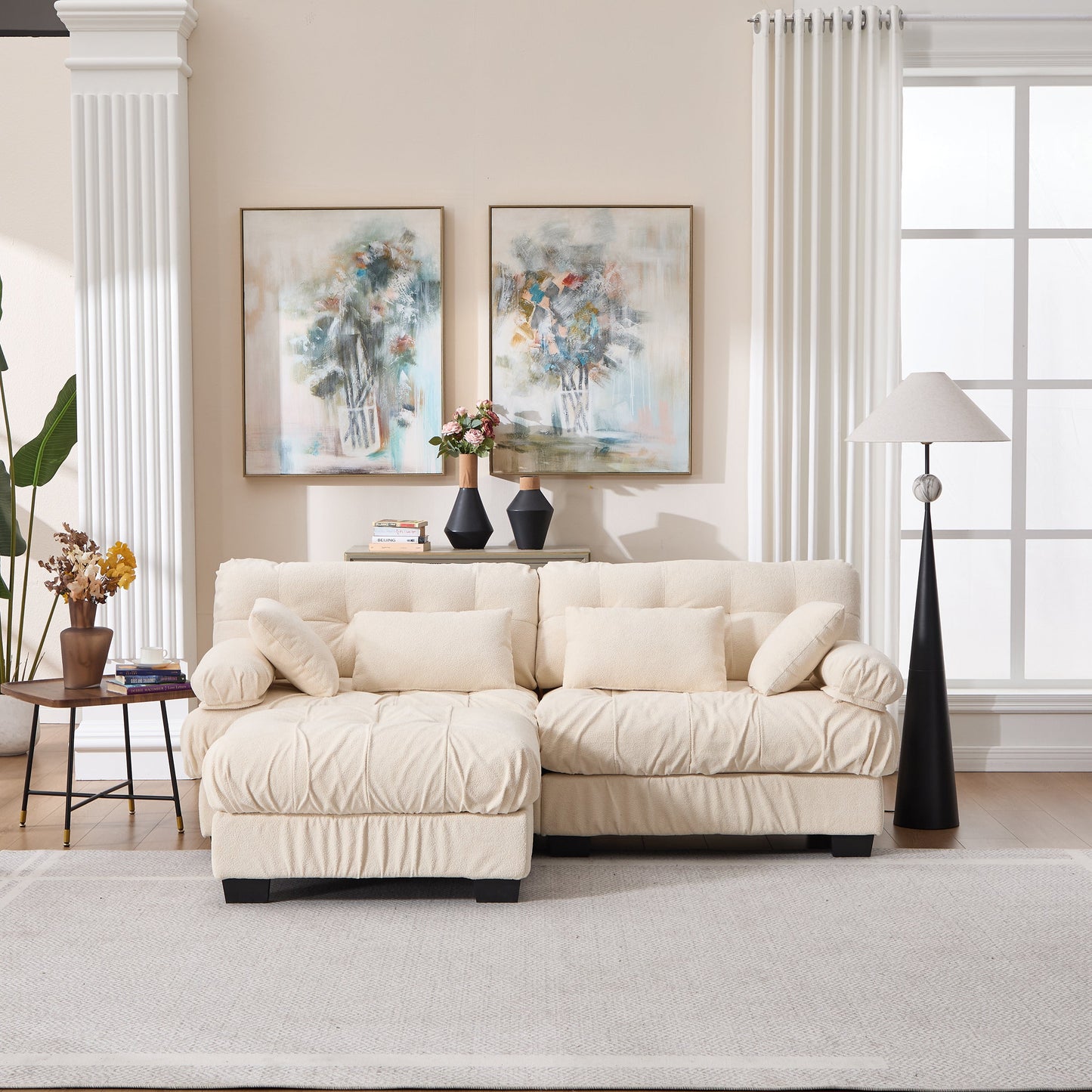 Sectional Sofa L-Shape Cloud Flannelette Beige 3 Seat 88 In 4 Pillows - Default - Sectional Sofas