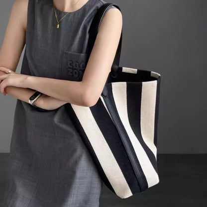 Striped Canvas Bag Large Capacity – Stylish Tote Bag, Versatile Shoulder & Bucket Bag - -