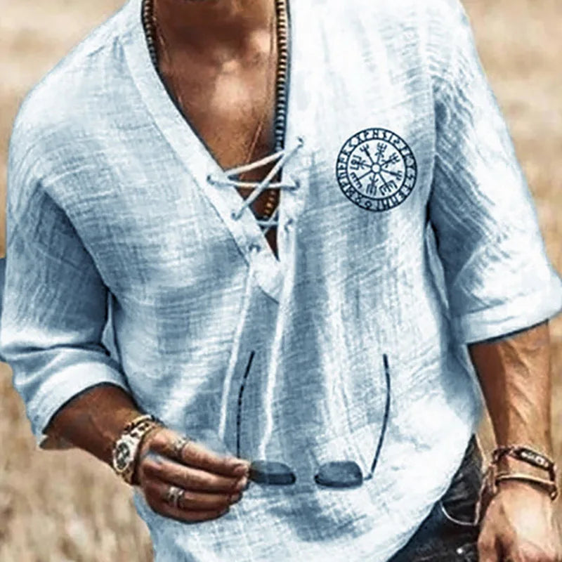 Men's Tee Shirt Solid Tops Pullover v Neck Lace-Up Loose Top Casual Half Sleeve