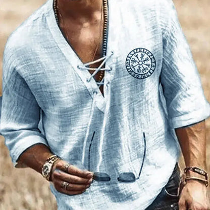 Mens Tee Shirt Solid Tops Pullover v Neck Lace-Up Loose Top Casual Half Sleeve