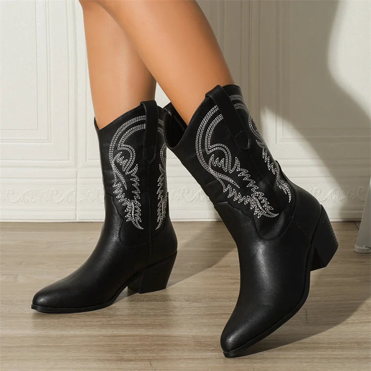 Classic Durable Round Toe Pull on Embroidered Modern Western Rodeo Cowboy Boot