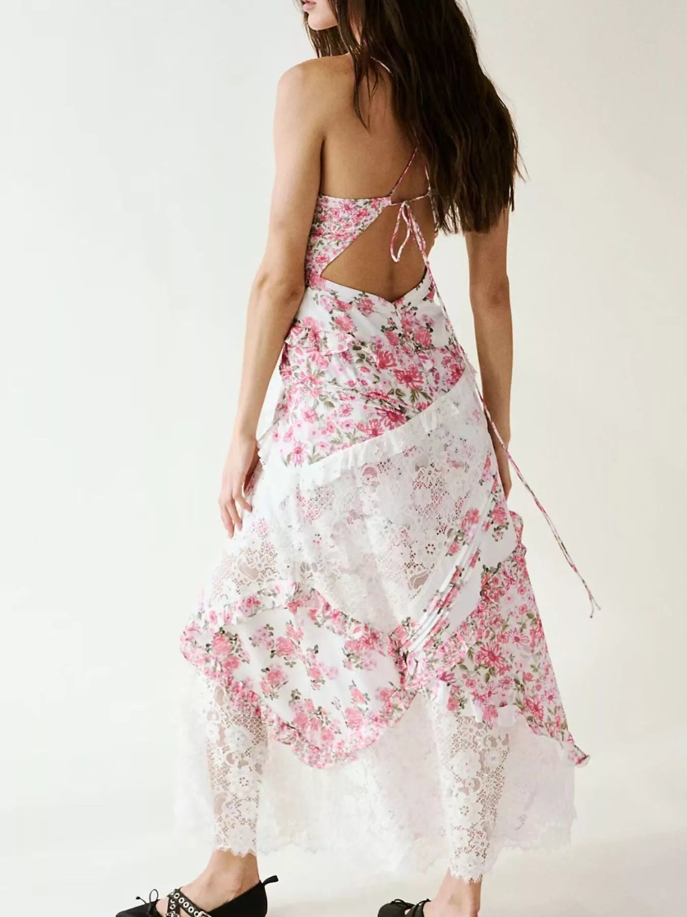 Lace Floral Print Ruffle Trim Maxi Dress - -