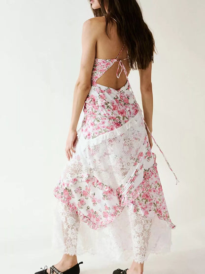 Lace Floral Print Ruffle Trim Maxi Dress - -