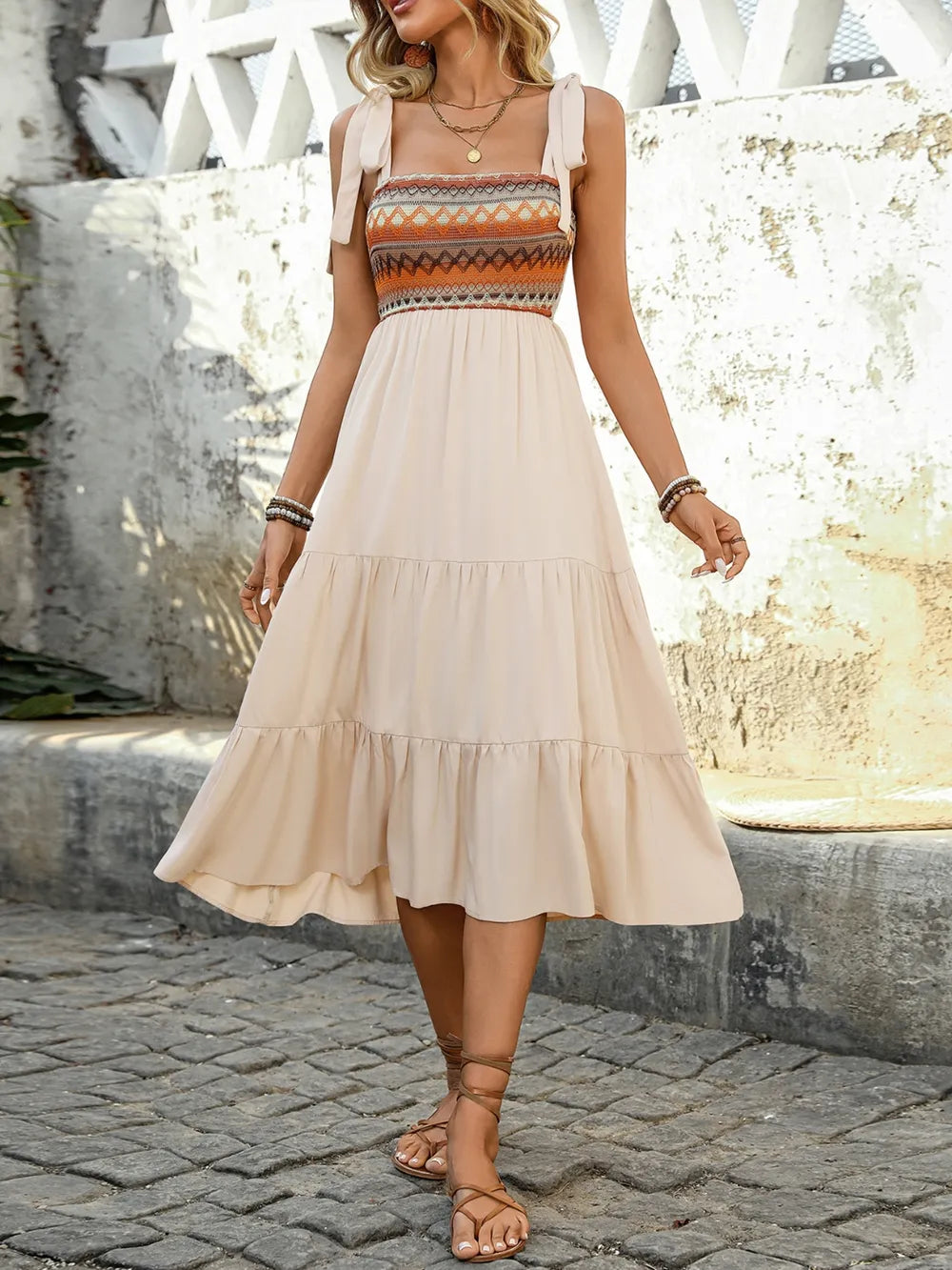 Tie Shoulder Square Neck Tiered Midi Dress - -