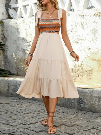 Tie Shoulder Square Neck Tiered Midi Dress - -