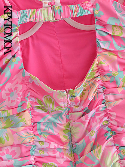 Floral Print Pleated Mini Dress - - dress