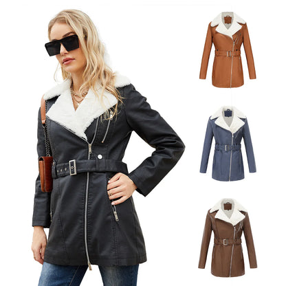 Long Sleeved Plush Leather Jacket Double Turn- Down Necked Zipper and Waistband