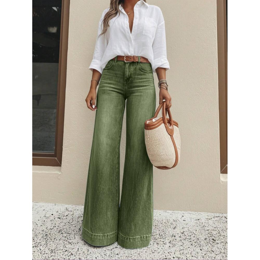 Vintage Washed High Waist Wide Leg Jeans - Green - Jeans