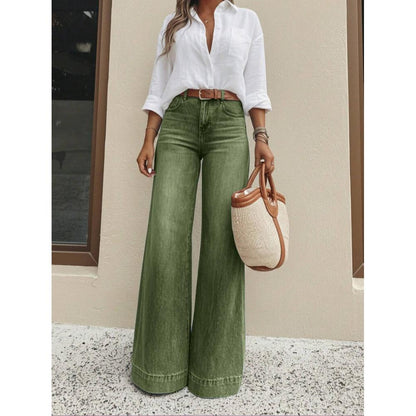Vintage Washed High Waist Wide Leg Jeans - Green - Jeans