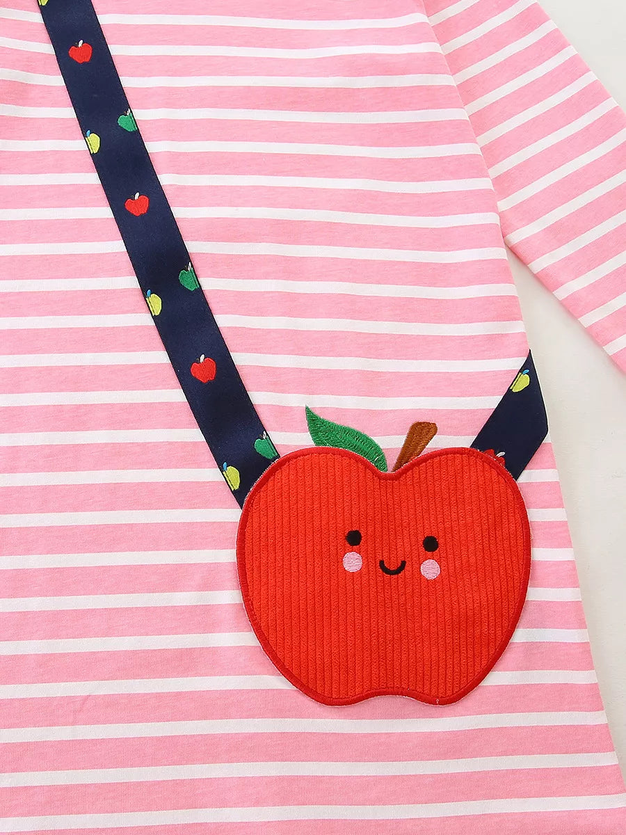 Children's Apple Applique Striped Long Sleeve Dress - -