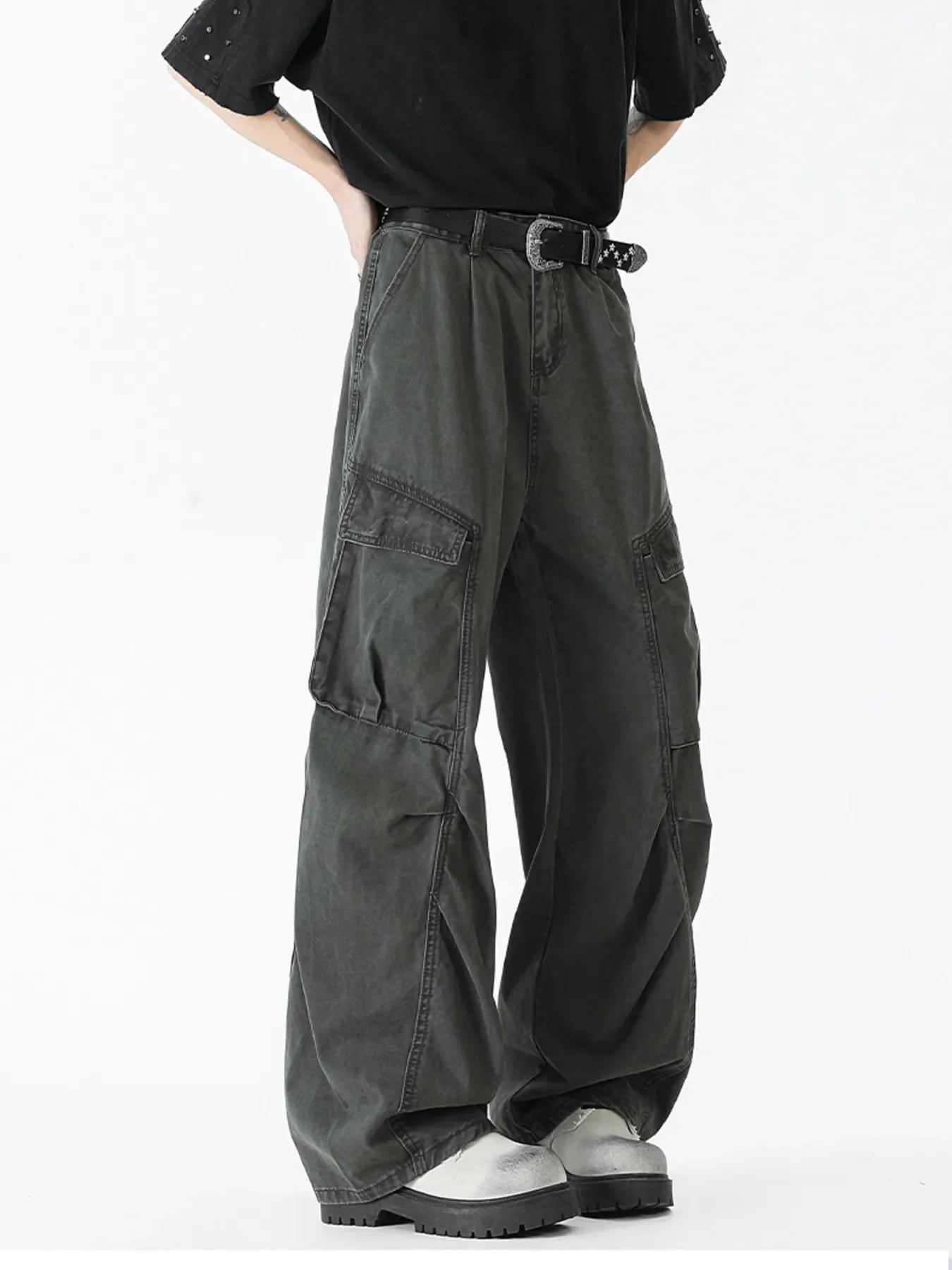 Men's Vintage Washed Cargo Jeans - Military Green -