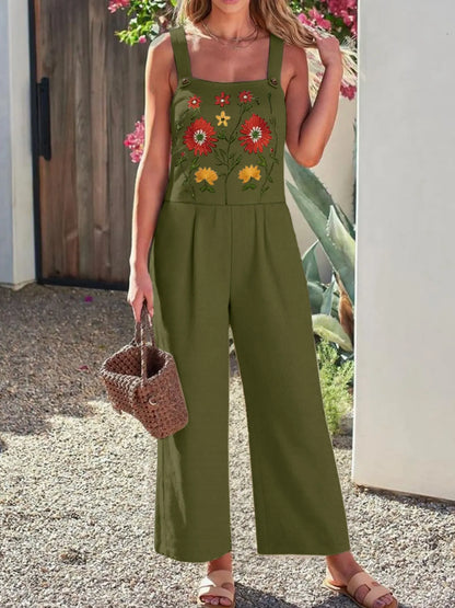 Floral Embroidered Wide Leg Jumpsuit - Army Green -