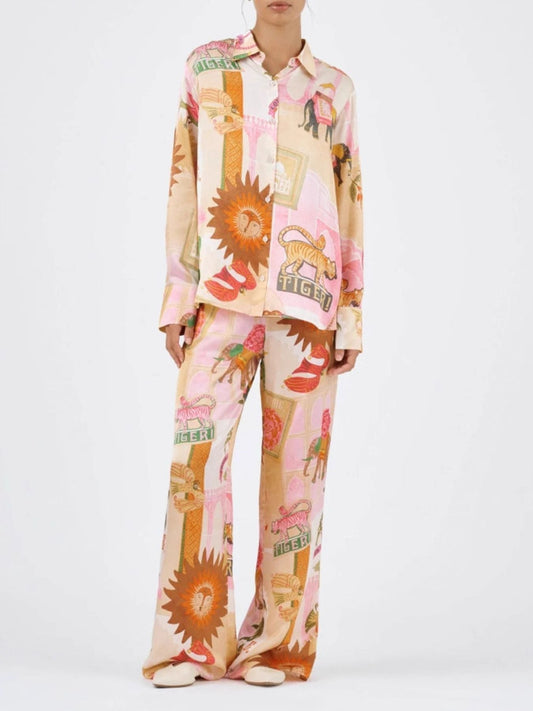 Animal Print Button Up Shirt and Pants Set - Sherbet - pants set