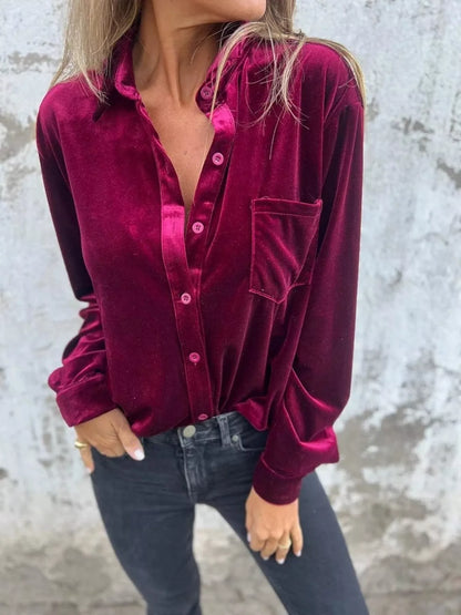 Full Size Velvet Button-Up Long Sleeve Shirt Plus Size - -