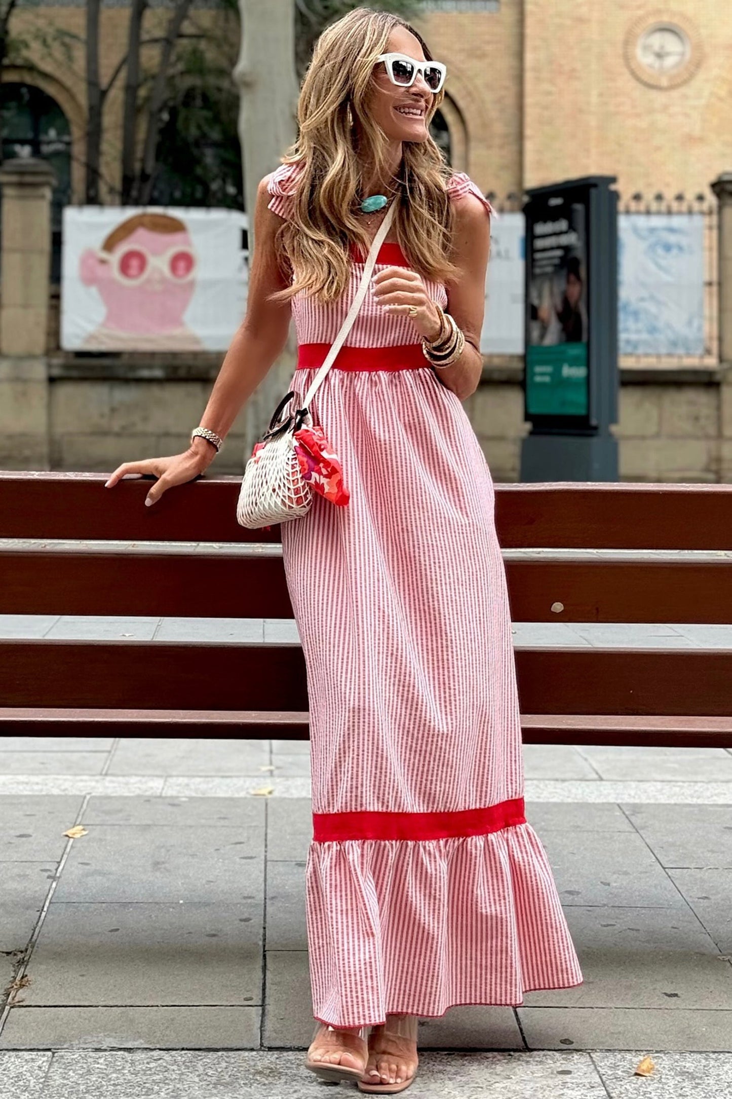Red Stripe Bow Knot Straps Contrast Trim High Waist Ruffle Hem Maxi Dress- I am a Fashion Junky- {{Product type}}