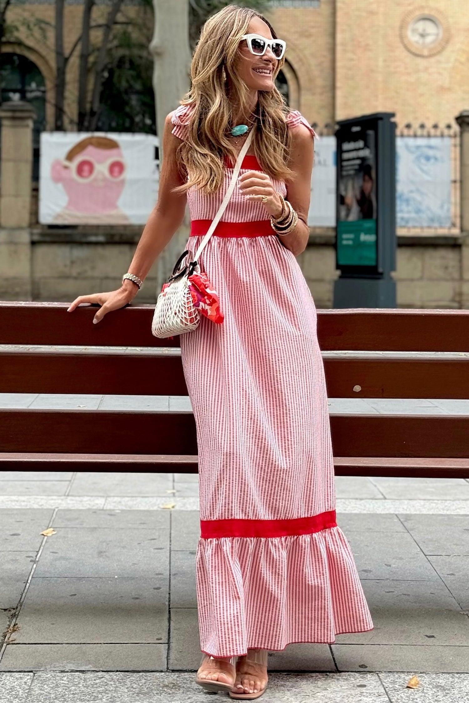 Red Stripe Bow Knot Straps Contrast Trim High Waist Ruffle Hem Maxi Dress- I am a Fashion Junky- {{Product type}}