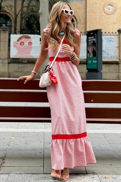 Red Stripe Bow Knot Straps Contrast Trim High Waist Ruffle Hem Maxi Dress- I am a Fashion Junky- {{Product type}}