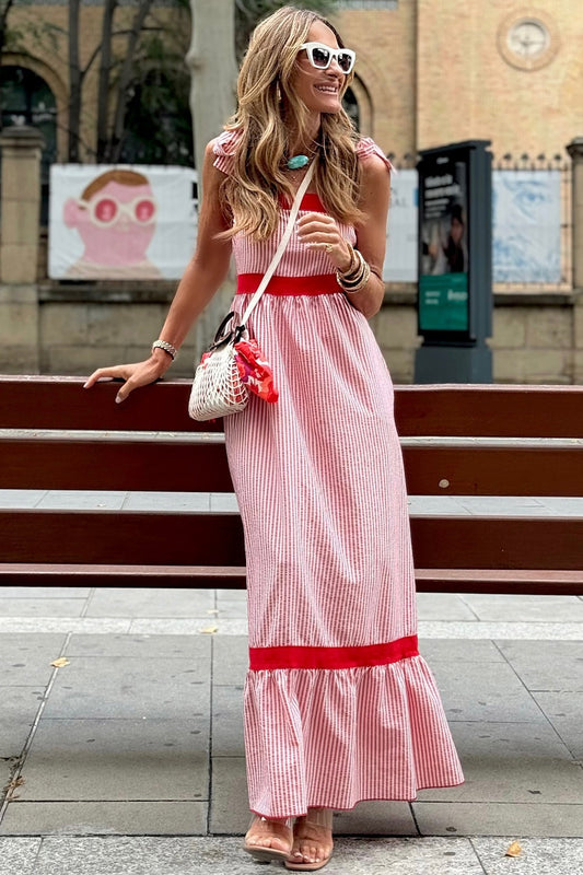 Red Stripe Bow Knot Straps Contrast Trim High Waist Ruffle Hem Maxi Dress - - Dresses/Maxi Dresses