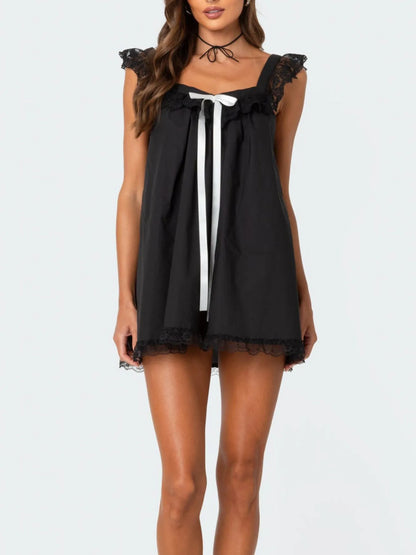 Lace Detail Bow Sleeveless Mini Cami Dress - -