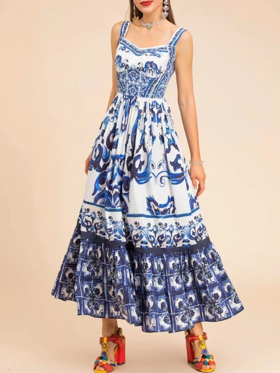 Smocked Printed Wide Strap Dress - Dark Blue -