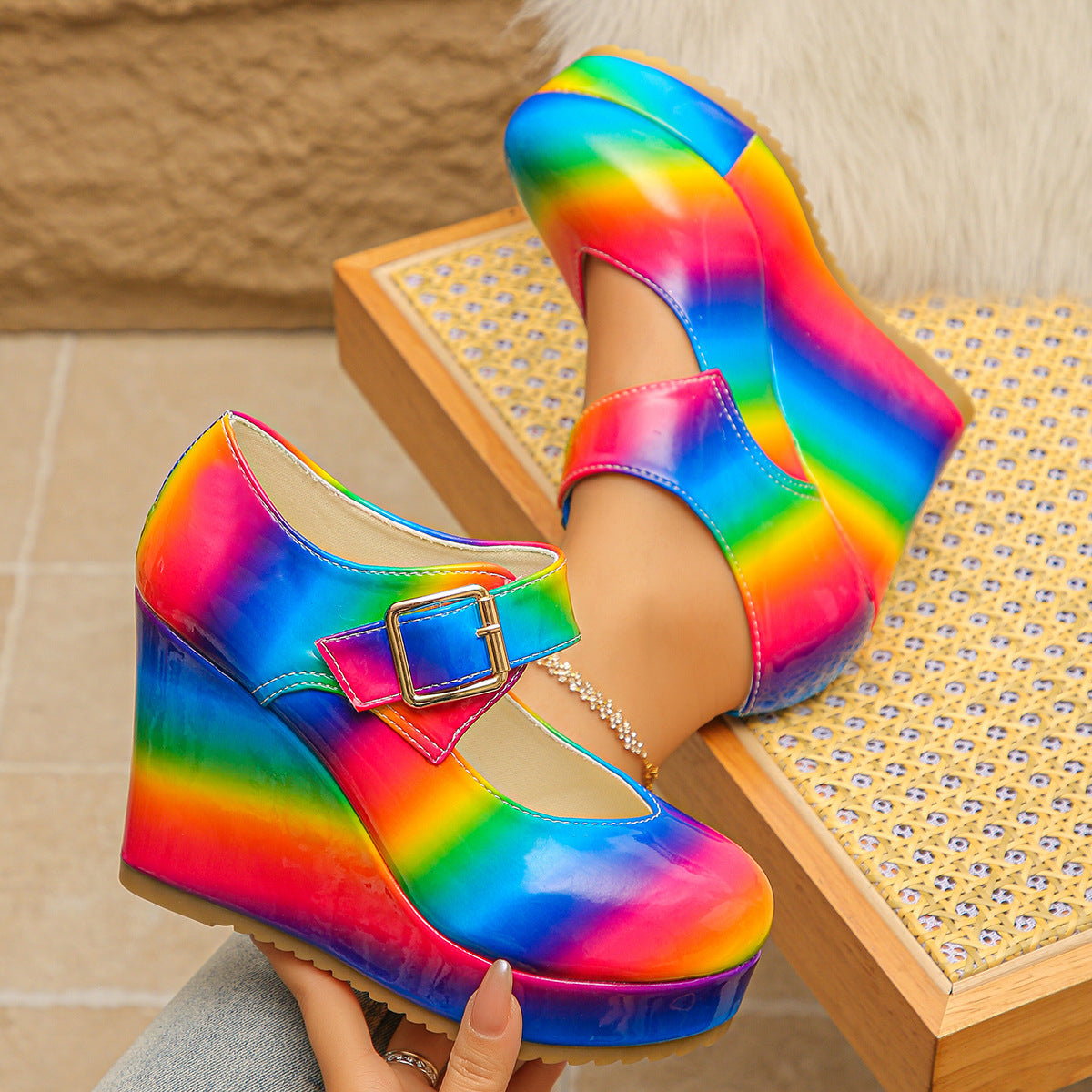 Colorful Round Toe Wedge Mary Jane Loafers- Shopimist- {{Product type}}