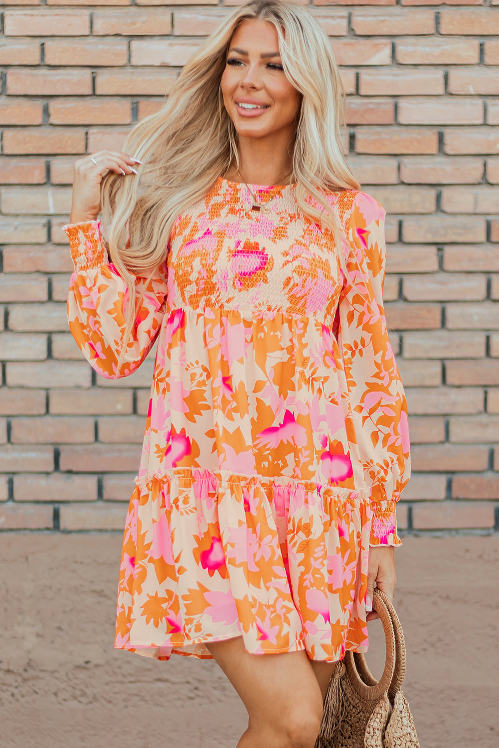 Orange Abstract Print Smocked Lantern Sleeve Ruffle Mini Dress - - Dresses/Mini Dresses